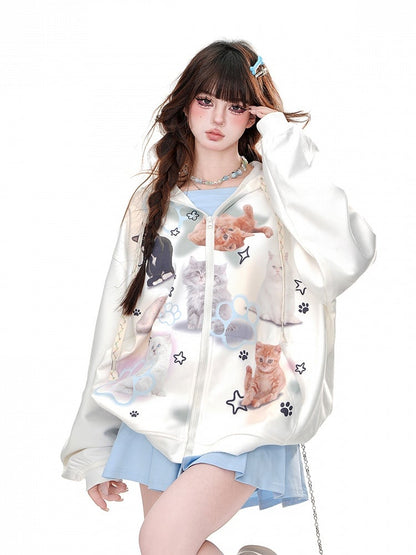Weiß/Blau Kitty Lockerer Hoodie mit Reißverschluss