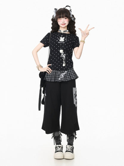 Black Polka Dot Short Sleeve Tee with Bunny Embroidery - Languid Park
