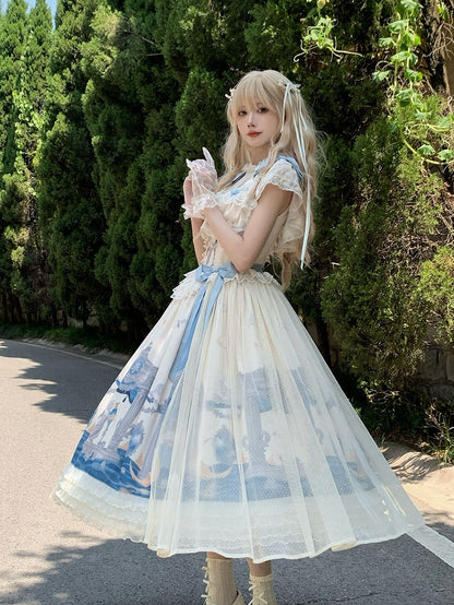 Edward Basque Lolita Print Kleid Klassischer Hals Elegantes Engelsstück Taille Eins