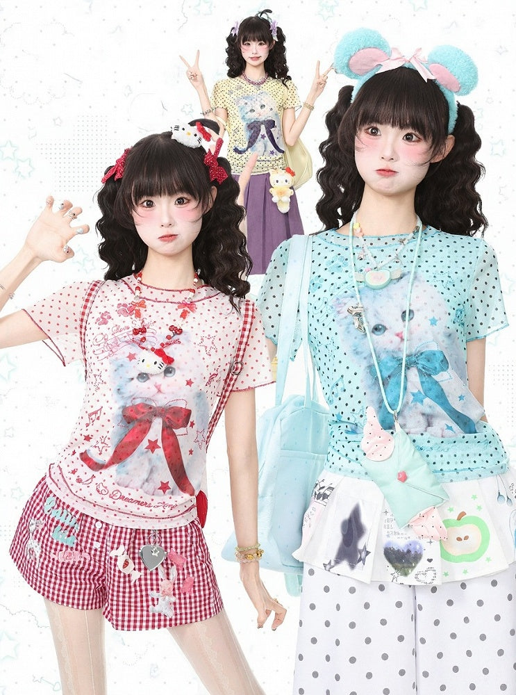 Green Mesh Tee with Polka Dot and Kitty Print - Languid Park