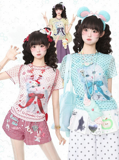 Yellow Purple Mesh Tee with Polka Dot Kitty Pattern - Languid Park