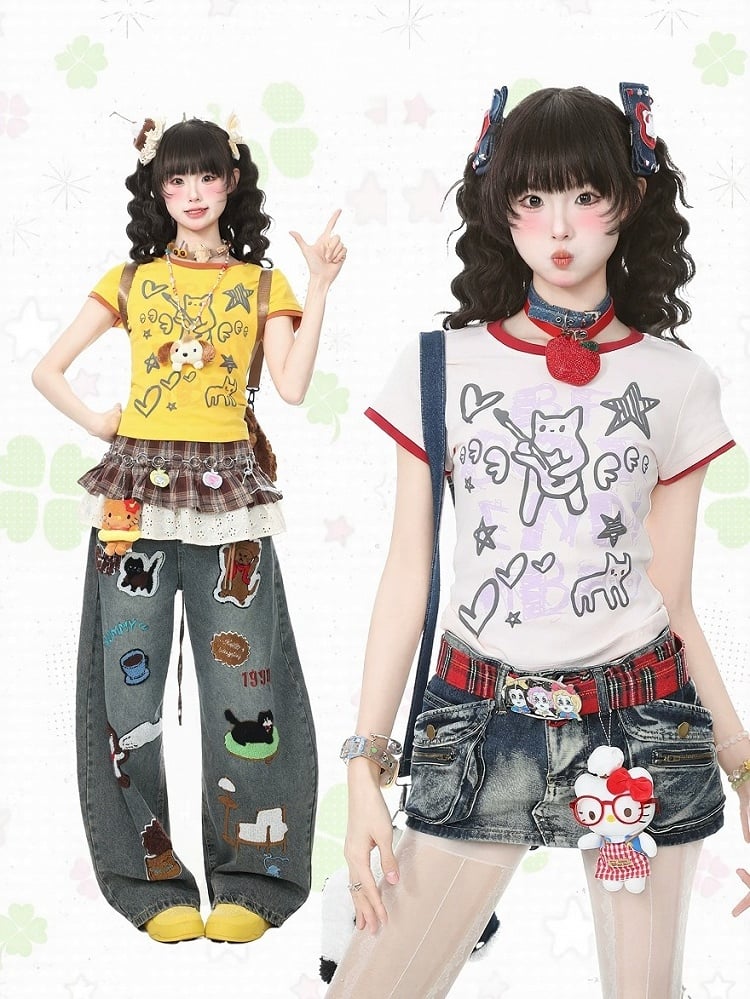 Pink Crew Neck Short Sleeve T-Shirt with Graffiti Prints - Languid Park