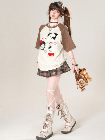 T-Shirt Plüsch Kawaii Beige/Blau Welpe Buchstaben Applikation Stickerei Alltag