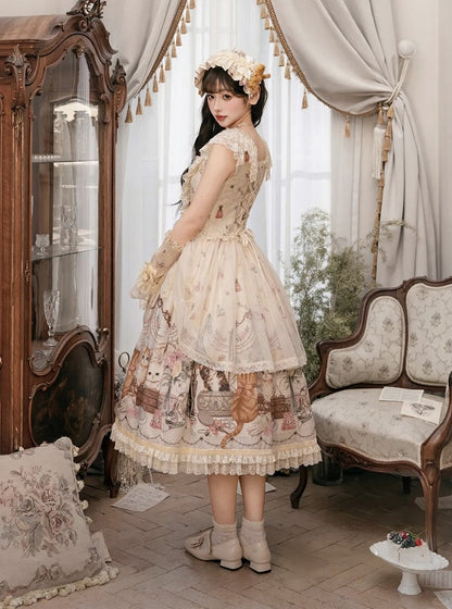 Beige Cat Print Lace Ruffles Sweet Lolita JSK Dress with Drawstring Overlay - NyaNya