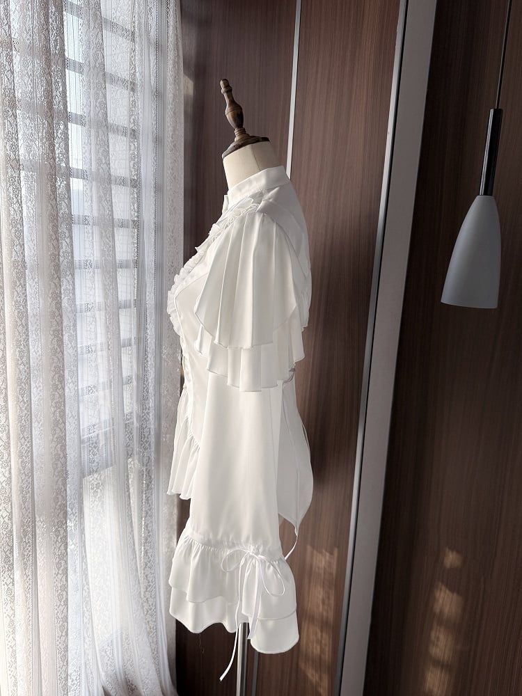 Blouse Ouji Lolita White Shoulder Aristocrat with Cascading Panels Ruffle