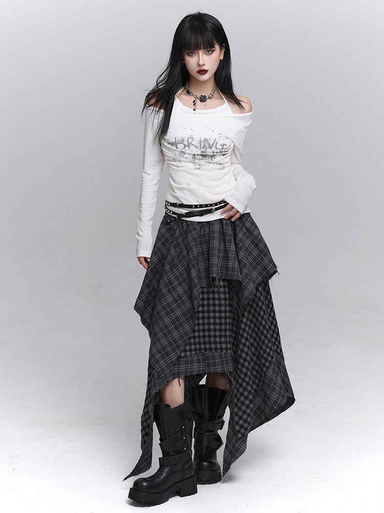 Hem Handkerchief Black Patchwork Skirt Waist with Elastic Plaid Gray Tiered