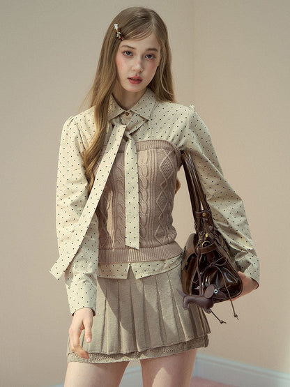 Pleated Detail Kint Bowknot with Khaki Skirt