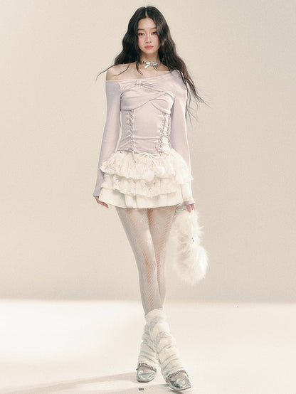 ライトパープルのカットアウトデザイン レースアップ ニットトップス