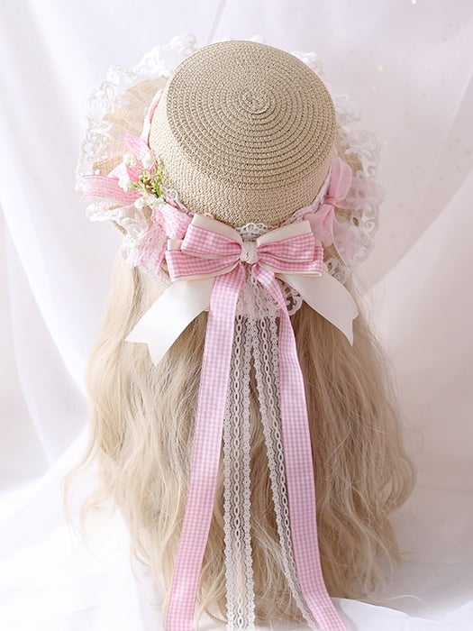 Gypsophila Lace Colors Gingham And Country Straw 5 Ribbon Bowknot Lolita Hat