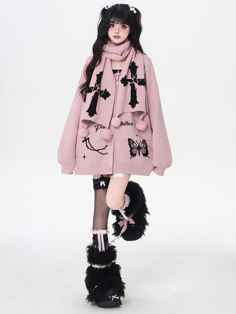 Cardigan Pompon Butterfly Scarf with - Bittersweet Charm Black/Pink Motifs Cross Set