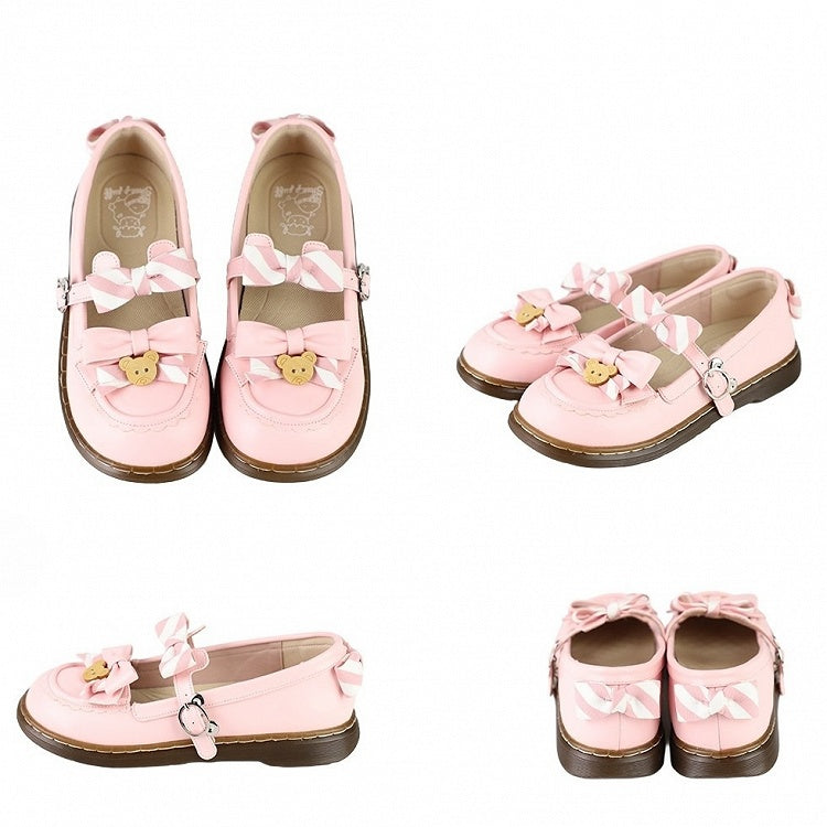 - 2 cm süße, gleichmäßig gestreifte Flats mit rosa Schleife und PU-Lolita-Sohle