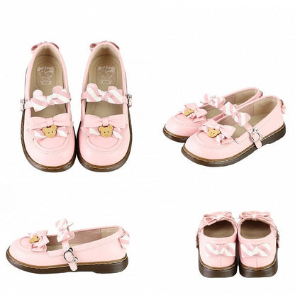 - 2 cm süße, gleichmäßig gestreifte Flats mit rosa Schleife und PU-Lolita-Sohle