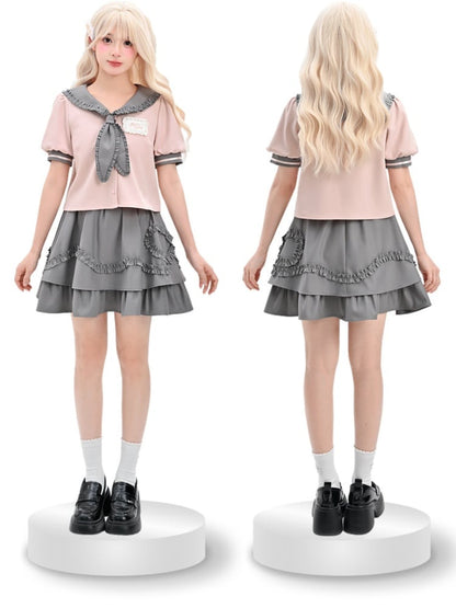 グレースタイルのフリルボウダブルレイヤーAラインスカートプレッピー