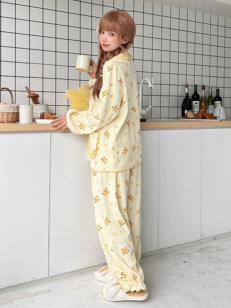 Yellow Mango Print Loungewear Set with Peter Pan Collar - Tan Tuan
