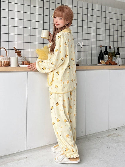 Yellow Mango Print Loungewear Set with Peter Pan Collar - Tan Tuan