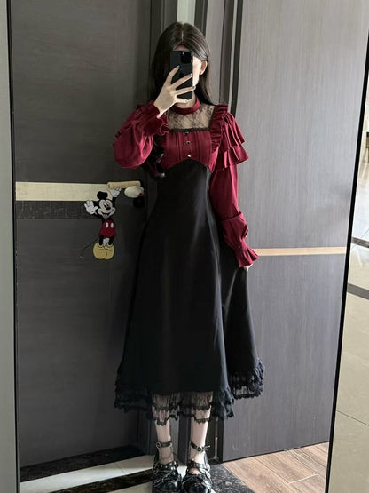 Long-Sleeve Dress Panel Jirai Black Kei Lace Ruffled Design Red