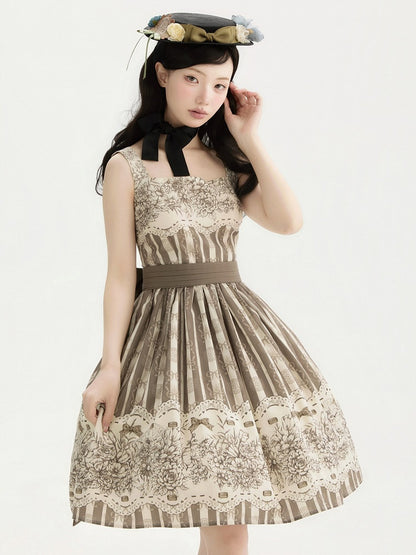 Print Skirt Version Jumper Clock Classic Brown Floral and Short Lolita