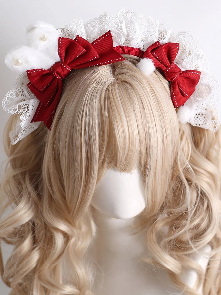 Lace White (Vibrant Style) Elegant Red Fluffy KC Cute Rabbit Ear