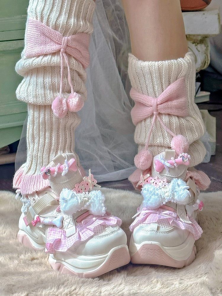 Style Pink Pom-pom Bow with Knitted Beige Accents Warmers Y2K Leg Details