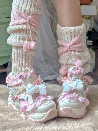 Style Pink Pom-pom Bow with Knitted Beige Accents Warmers Y2K Leg Details
