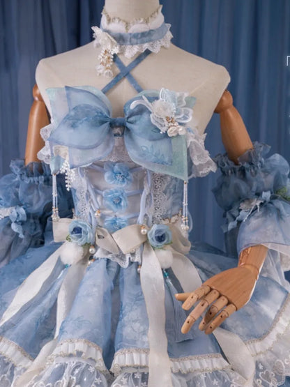 Volles Prinzessinnen-Blumen-Schmetterlings-Set-Design, blaues JSK Fairycore-Lolita-Kleid