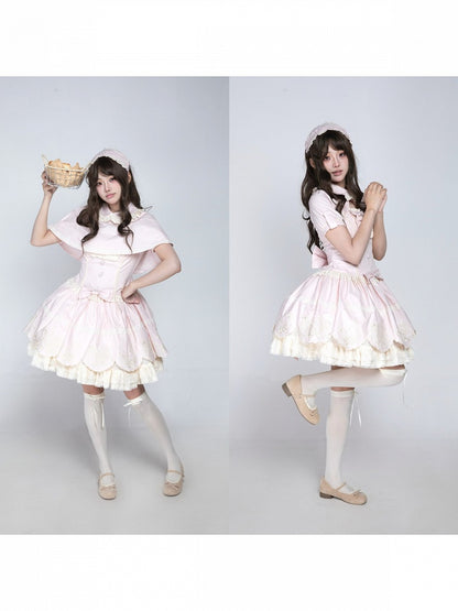 Pink Old School Lolita Cotton OP Dress with Embroidered Scallop Trim Skirt - Secret Tea Party