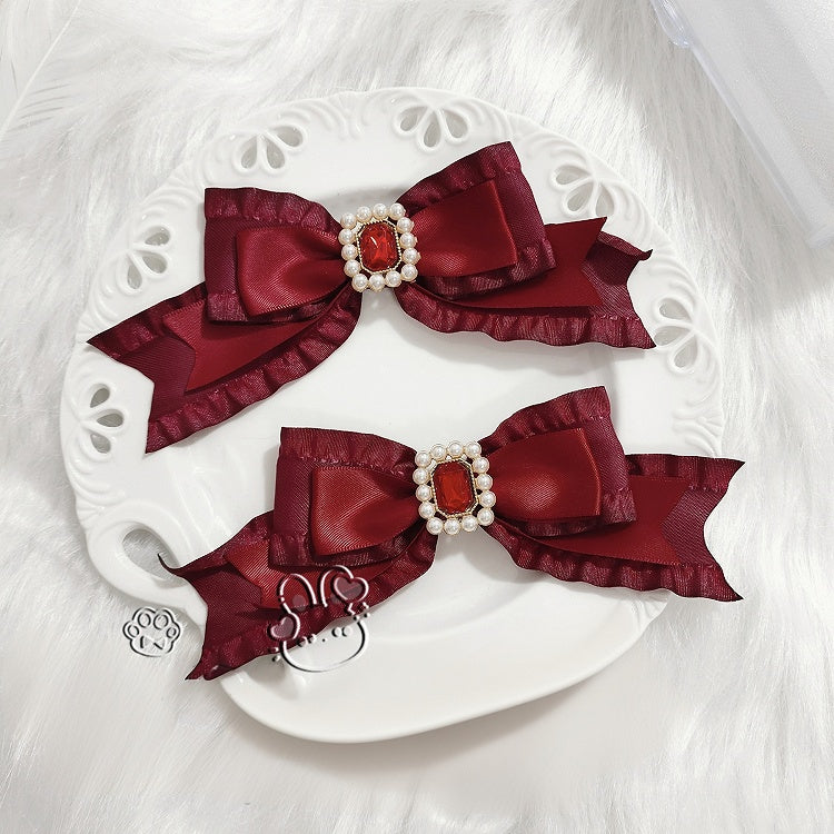 Pink and Dark Red and White and Black Jirai Kei Beads and Rhinestones with Bow Hairclips