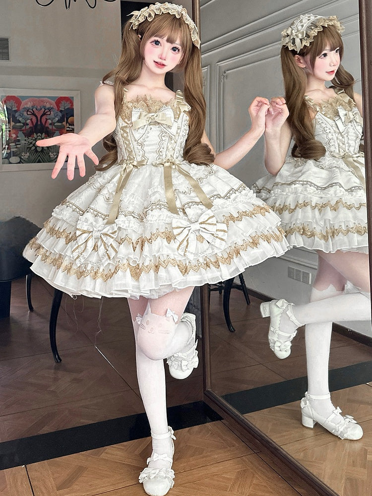 Perlen Lolita Verziertes Weißes Kleid Schleifen Kette Stufenrock Prinzessin