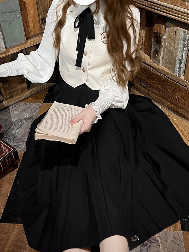 Sleeves Chiffon Blouse with Bishop Details Pleating Collar Shirt White