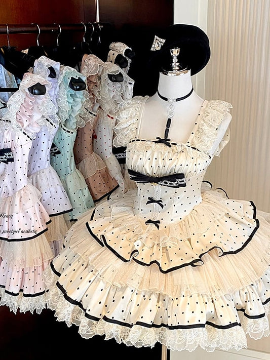ドレス ポルカ スイート ティアード ドット ベージュ スカート ウエスト バスク ブラック