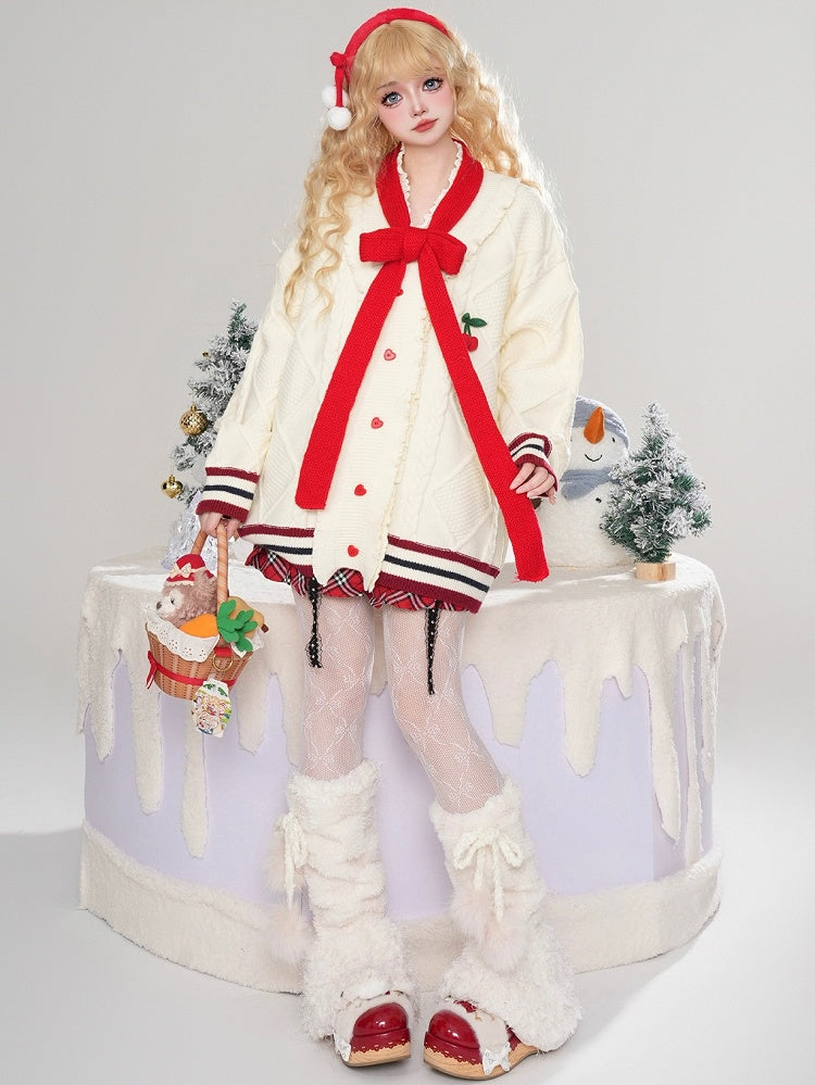 Cherry Adorned White V-neck Christmas Cardigan