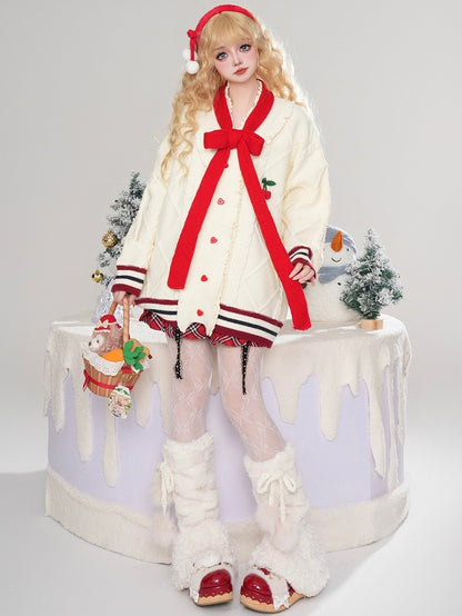 Cherry Adorned White V-neck Christmas Cardigan