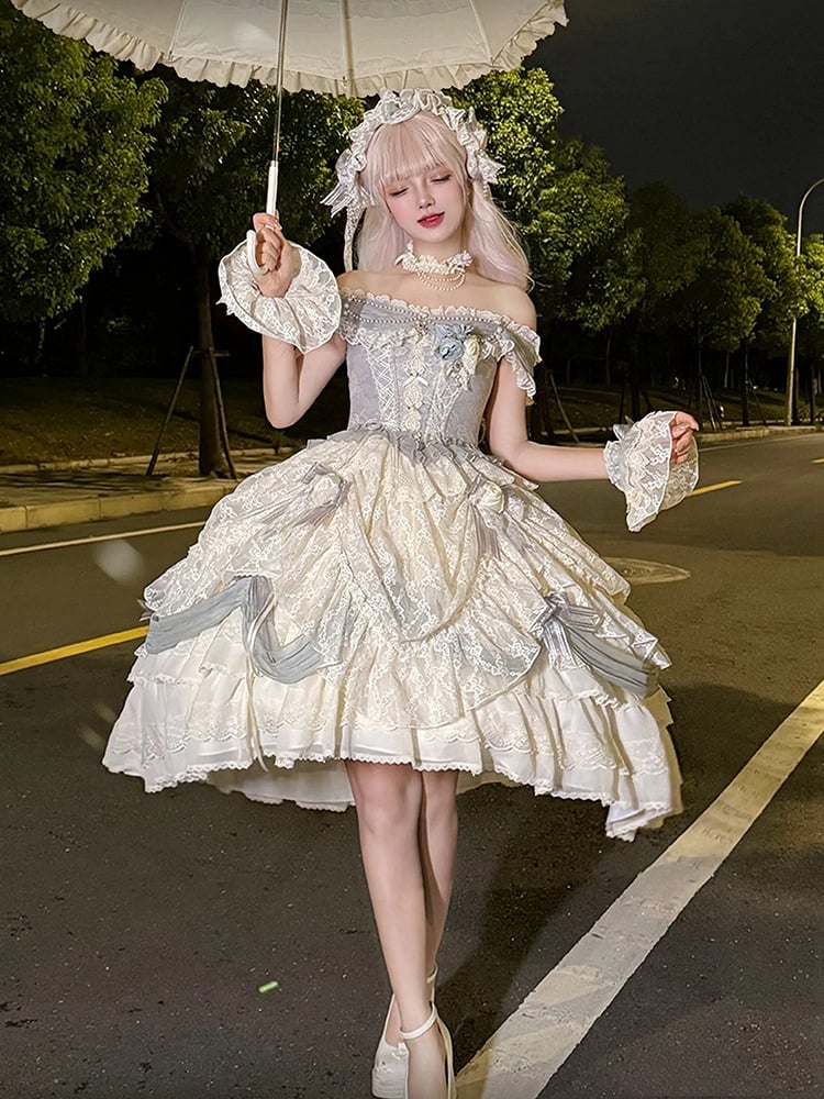 ダスティブルーのコルセットウエスト花嫁プリンセスロリータハイローレイヤードヘムドレスショートバージョン