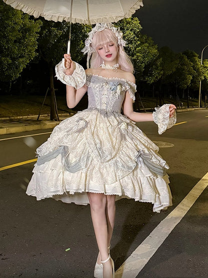 ダスティブルーのコルセットウエスト花嫁プリンセスロリータハイローレイヤードヘムドレスショートバージョン