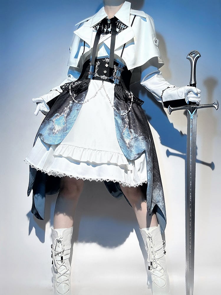 Military Lolita Corset High-Low Skirt Set – White, Xiong Dou Jiang