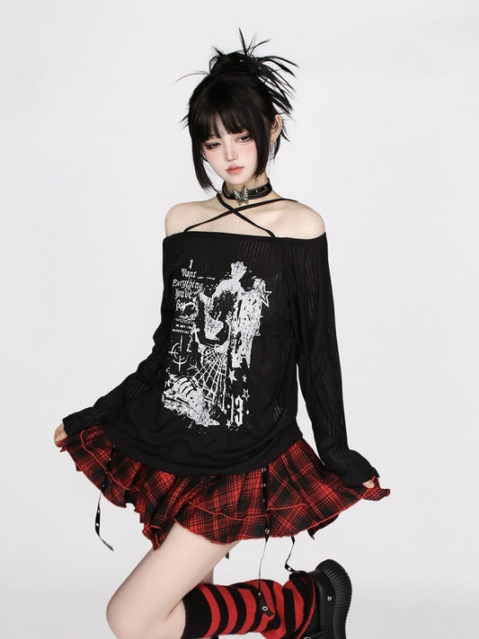 Off-Shoulder Black Knit Top with Cross Halter and Letter Print