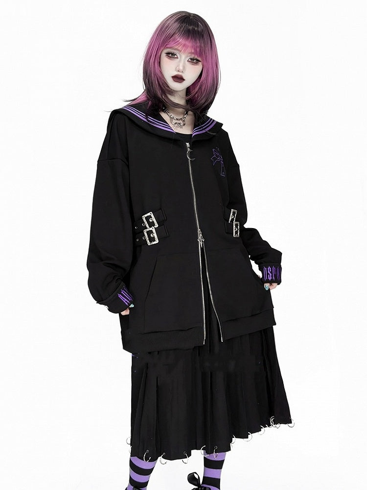 Purple Nautical in Collar Sailor - Jacket Style Black