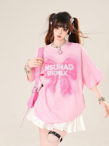 Pink Round Neck Big T-Shirt Bow Print Loose