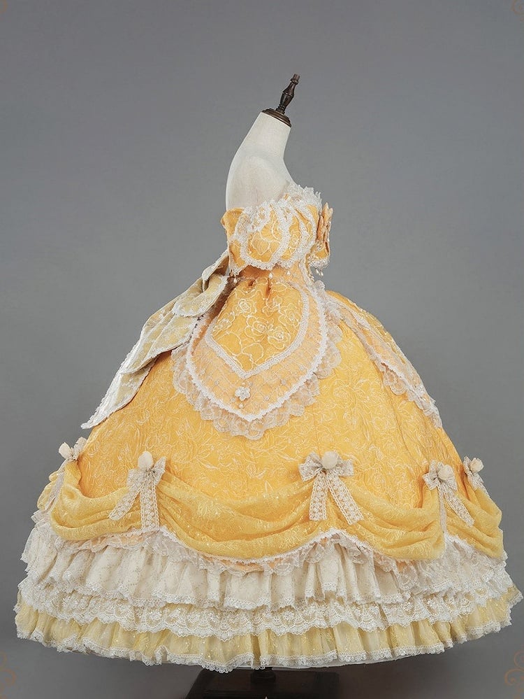 Lolita Layered Gown Lace Yellow Version and with Long Hanayome Ruffles Bow Hime Details Off-Shoulder