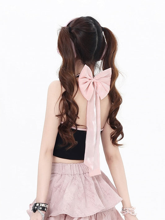 Big with Pink/Black Halter Neck Sweetheart Tank Top Bow Free Print Backless