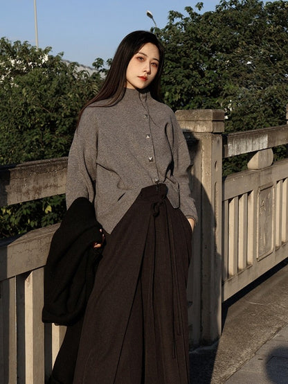 Cardigan Chinese Style Gray Unisex Button Closure Placket Classic in Knit with