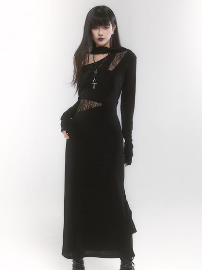 Black Gothic Asymmetrical Neckline Cutout Details Sheath Dress