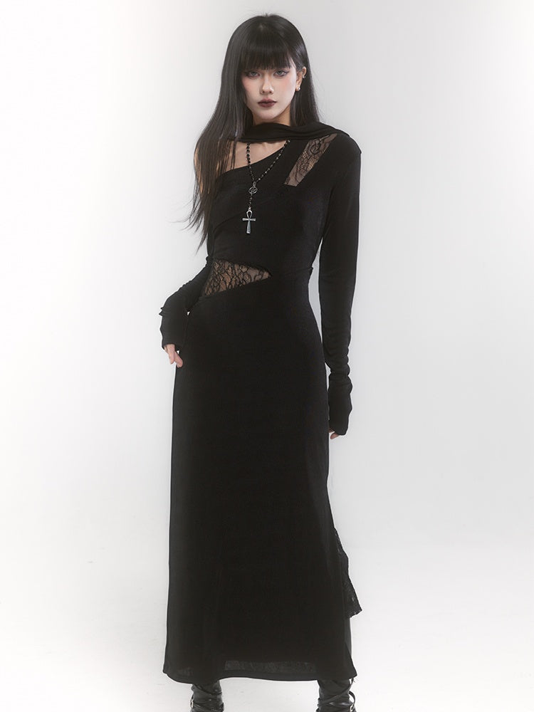 Robe fourreau noire gothique asymétrique à encolure et détails découpés