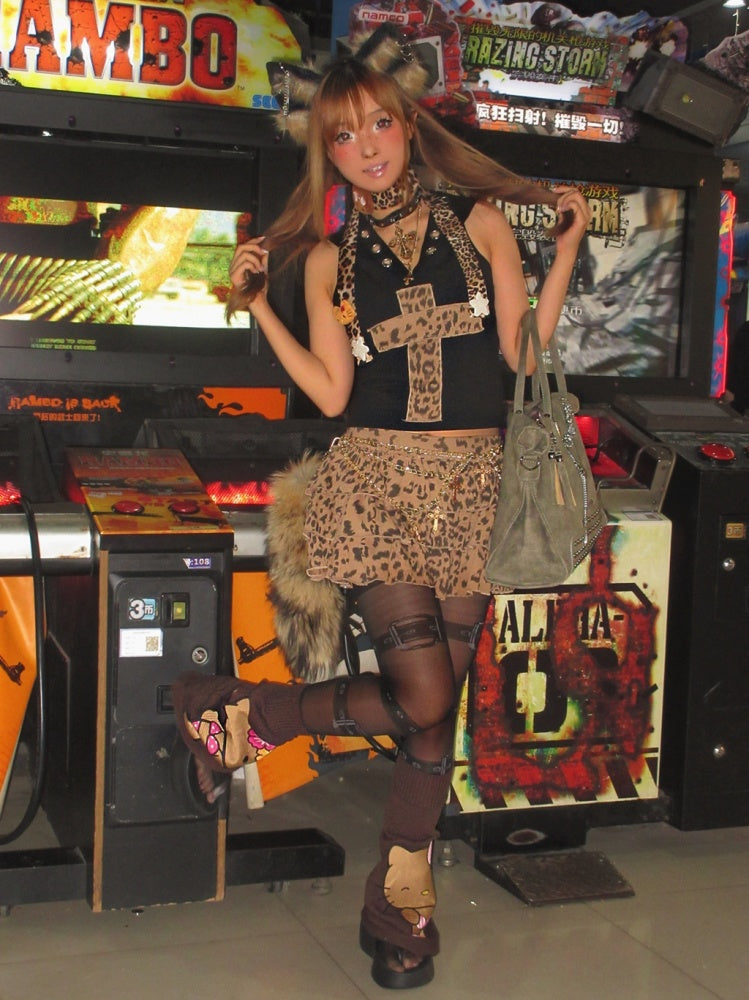 Y2K Stufenrock mit Leopardenmuster