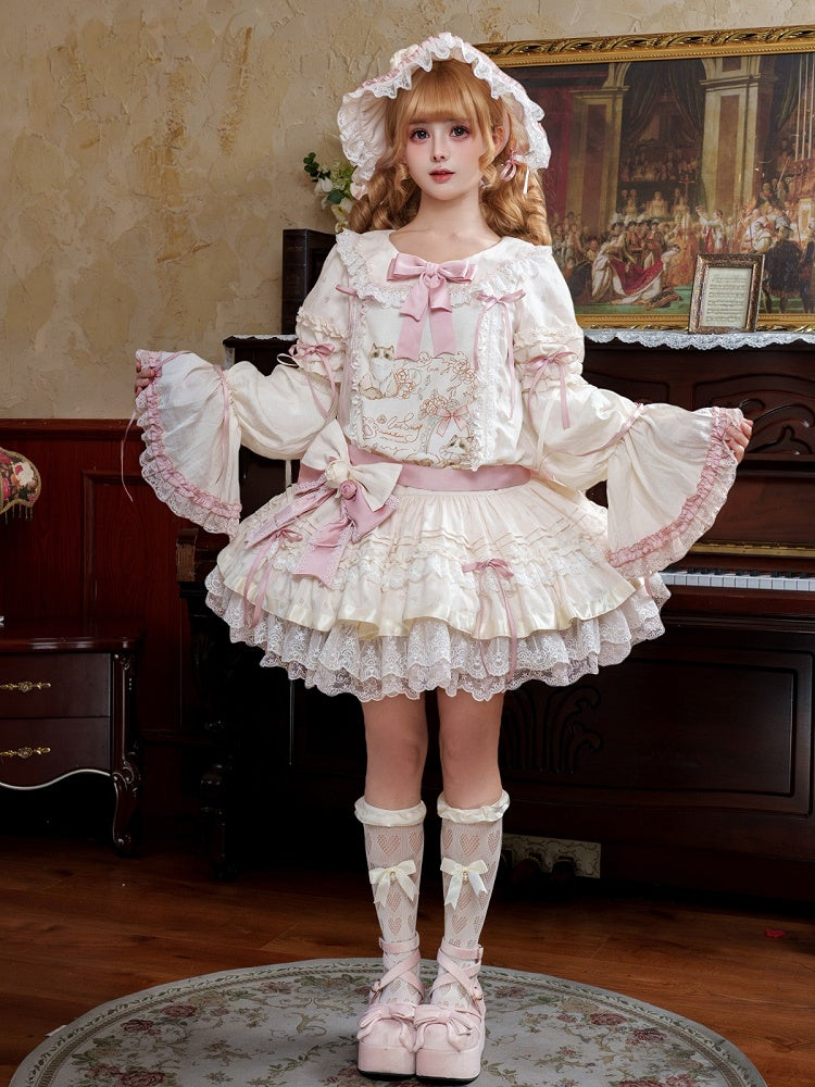 Beige & Pink Low Waist Dollcore Lolita OP Dress with Cat Print & Ribbon - Mirror Ragdoll