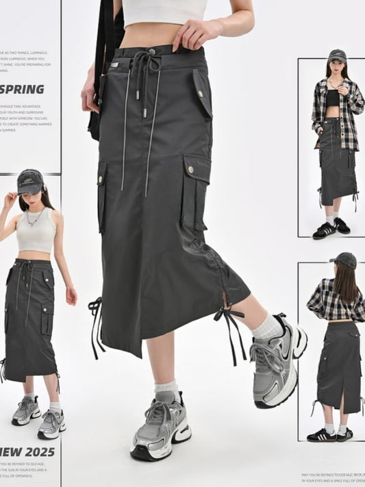 Waist and Gray Drawstring Cargo Skirt Hem Asymmetrical Bittersweet