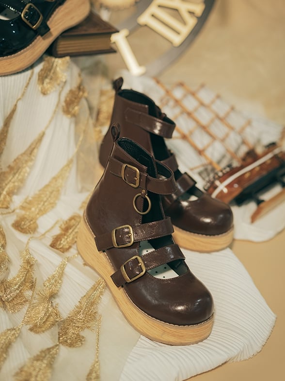 - Sohle Schnalle cm Knöchel 3–5 Maserung 3 braun Holz Stiefel Riemen Keil Plateau Vintage