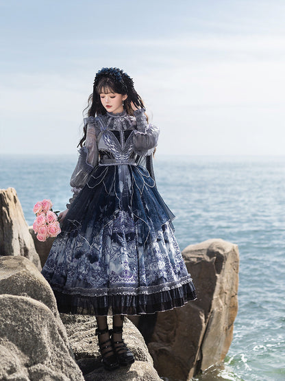 Waist Full Blue Lolita High Set with Jumper Overlay Print Skirt Angel Dark