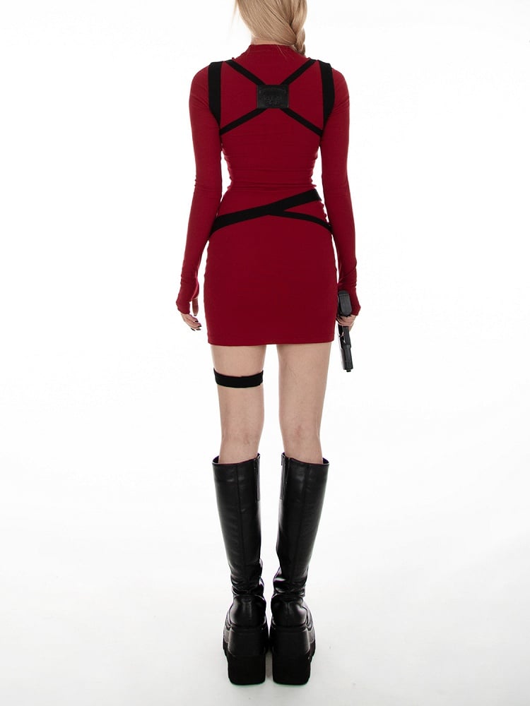 バイオハザード エイダ・ウォン バイブス レッド＆ブラック バックルストラップドレス ウエストベルト＆ハーネス オールインワン ガーター付き