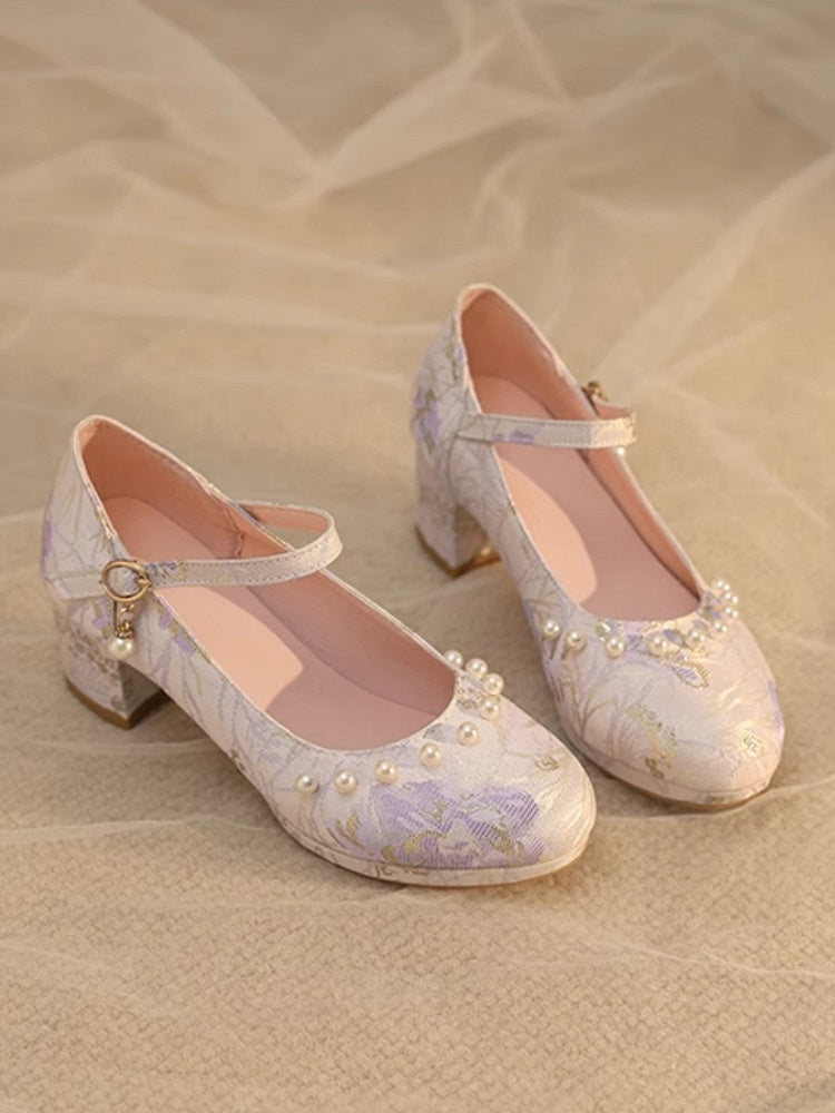 Lila Verzierungen Lolita Mid-heels Floral Qi Perlen mit